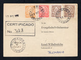 PARAGUAY - 1959 - FOREIGN SETTLEMENTS IN PARAGUAY, REGISTRATION & CANCELLATION: Plain registered commercial postcard franked with 1955 5c brown, 2g ochre and 5g scarlet and 1959 0.70g deep yellow brown 'Arms' issue (SG 773, 779, 783 & 858) all tied by two fine strikes of undated PRIMAVERA cds with separate '13 OCT 1959' date slugs alongside with third strike of the cds with manuscript 'Oficina de Correo' in central and boxed 'CERTIFICADO' marking all on front. Addressed to the headquarters of an Evangelica