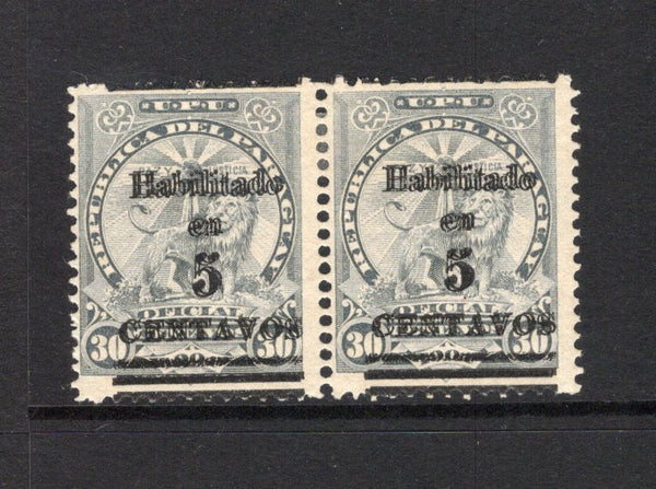 PARAGUAY - 1908 - VARIETY: 5c on 30c bluish slate 'Official' LION issue, a fine mint pair with variety OVERPRINT DOUBLE. (SG 153a)  (PAR/5842)