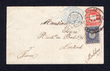PERU - 1888 - POSTAL STATIONERY: 10c red on white postal stationery envelope with oval '1886' ENVELOPE control mark in blue (H&G B8) used with added 1886 1c slate violet (SG 278) tied by large CALLAO PRINCIPAL cds. Addressed to FRANCE with arrival cds's on front & reverse.  (PER10655)
