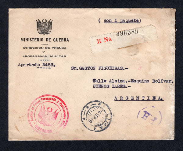 PERU - 1939 - OFFICIAL MAIL & REGISTRATION: Stampless registered official cover with 'Ministerio de Guerra' heading sent from LIMA with 'Servicio de Prensa propaganda Y Publicaciones Militares Direccion' official cachet in red, LIMA cds and registration label on front. Addressed to ARGENTINA transit and arrival marks on reverse. Original 'Ministerio de Guerra' message card included.  (PER/10695)