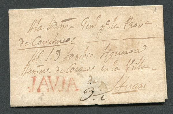 PERU - 1830 - PRESTAMP: Circa 1830. Cover from JAUJA to HUARI with fine strike of straight line 'JAVJA' in red. Rated 3½' in manuscript. (Colareta #2)  (PER/30845)