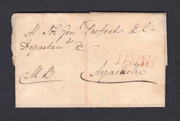 PERU - 1826 - PRESTAMP: Complete folded letter from JAUJA to AYACUCHO with good strike of straight line 'JAUJA' in red. Small faults. (Colareta #2)  (PER/30846)