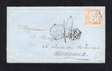 PERU - 1867 - CLASSIC ISSUES: Cover franked with single 1862 1d pale vermilion 'LeCoq' issue (SG 14) cancelled by TACNA cds dated 8 AUG 1867. Addressed to FRANCE with hexagonal 'G.B. 1F 90c' accountancy mark, rated '19' decimes with various transit & arrival marks on front & reverse. Scarce issue on mail going overseas.  (PER30851)