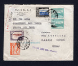 PERU - 1945 - REGISTRATION & HIGH VALUE FRANKING: Registered cover with typed 'Muestra Sin Valor' on front franked with 1938 30c orange, 5s brown & violet and 10s blue & black plus 1945 pair 50c greenish blue (SG 654, 648/649 & 698) all tied by LIMA cds's dated 17 NOV 1945 with printed registration label alongside and straight line 'SERVICIO AEREO NOR - ATLANTICO' marking in purple. Addressed to GERMANY with transit & arrival marks on reverse. A fine and very scarce genuine use of the 5s and 10s values.  (