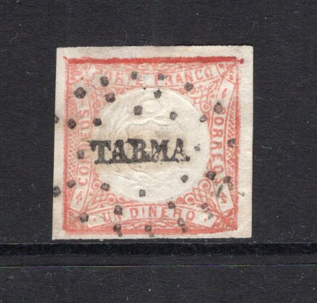 PERU - 1862 - CLASSIC ISSUES & CANCELLATION: 1d pale vermilion 'LeCoq' issue on thin paper (Early impression), a fine used copy with complete strike of dotted 'TARMA' cancel in black. Four large margins. (SG 14)  (PER/35983)