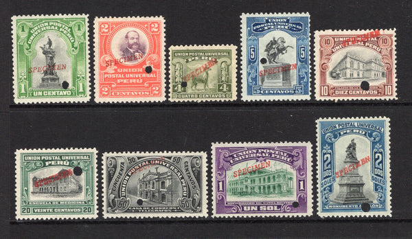 PERU - 1907 - SPECIMENS: 'Pictorial' DEFINITIVE issue, the set of nine each stamp with 'SPECIMEN' opt in red and small hole punch. Ex ABNCo. Archive. A lovely set. (SG 364/72)  (PER/42143)
