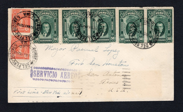 PERU - 1929 - FIRST FLIGHT: Cover with manuscript 'First Lima - New York air mail' franked with 1924 pair 10c vermilion and strip of five 1928 50c deep green AIR issue (SG 434 & 464) tied by LIMA cds's dated 16 MAY 1929 with fancy 'SERVICIO AEREO' marking in purple alongside. Flown on the Lima - Cristobal, Canal Zone leg of the Lima - New York flight on the 18th May. Addressed to USA with CRISTOBAL CANAL ZONE arrival cds dated MAY 20 on reverse with USA arrival mark. Scarce. (Muller #30, Madsen #1.29.27.12