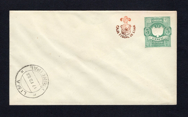 PERU - 1882 - PACIFIC WAR & POSTAL STATIONERY: 5c green on pale yellow postal stationery envelope (Moll #9a, H&G IB2c) with 'CAJA FISCAL DE LIMA' overprint in red and LIMA PRINCIPAL cds dated 17 FEB 1882 struck as a control mark at lower left. A fine unused example. Scarce.  (PER/42399)