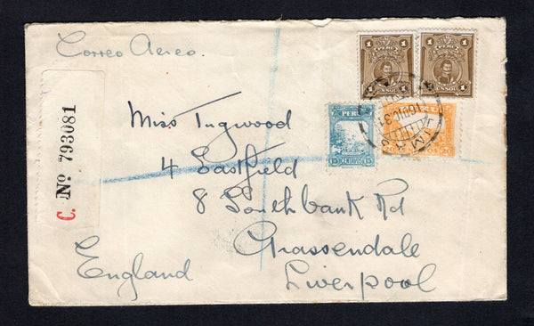 PERU - 1931 - AIRMAIL & REGISTRATION: Cover with manuscript 'Correo Aereo' at top franked with 1930 pair 1s deep brown 'Portrait' issue and 1931 15c light blue and 20c orange yellow 'Litho' issue (SG 489 & 503/504) tied by LIMA 3 cds dated 16 DIC 1931 with printed registration label alongside. Addressed to UK with various transit & arrival marks on reverse.  (PER/42412)