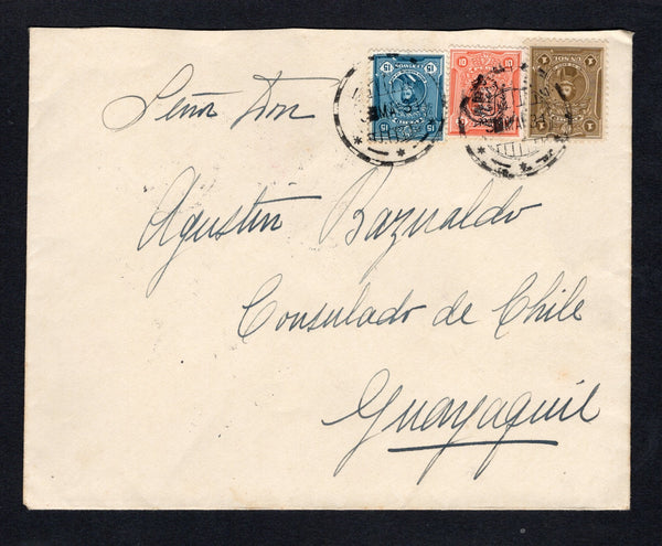 PERU - 1931 - AIRMAIL & DESTINATION: Cover with franked with 1924 1s bistre, 1930 15c greenish blue and 1930 10c vermilion with 'Arms' overprint (SG 439 486 & 479) all tied by LIMA 3 cds's dated 5 MAY 1931. Addressed to 'Consulado de Chile, Guayaquil' (ECUADOR) with oval 'CORREOS DEL PERU EXPENDIO LIMA SERVICIO AEREO' marking on reverse along with GUAYAQUIL arrival cds.  (PER/42413)