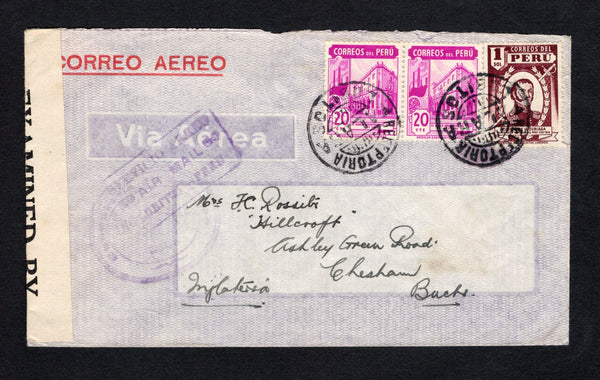 PERU - 1942 - AIRMAIL & CANCELLATION: Airmail cover franked with 1938 2 x 20c bright purple and 1s claret (SG 644 & 646) tied by two fine strikes of undated RECEPTORIA TALARA LOBITOS cancel in black with boxed 'SERVICIO AEREO AIR MAIL LOBITOS PERU' marking in purple alongside. Addressed to UK, censored with printed 'EXAMINED BY 14578' censor strip at left and TALARA transit cds on reverse.  (PER/42417)