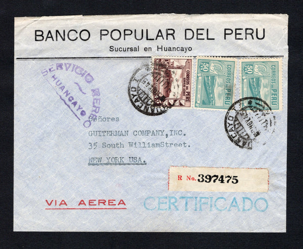 PERU - 1945 - AIRMAIL & REGISTRATION: Registered airmail cover franked with 1938 5c brown purple and 1945 2 x 50c greenish blue (SG 650 & 698) tied by HUANCAYO I cds's dated 5 NOV 1945 with printed registration label and nice arched SERVICIO AEREO HUANCAYO airmail marking all on front. Addressed to USA with transit & arrival marks on reverse.  (PER/42418)