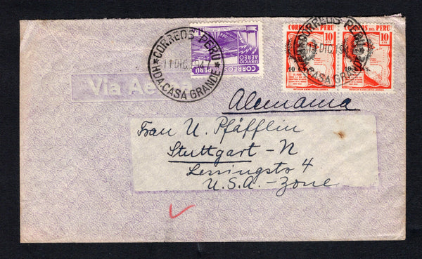 PERU - 1947 - CANCELLATION: Airmail cover franked with 1943 pair 10c on 10c scarlet and 1945 1.50s violet (SG 689 & 705) tied by two fine strikes of large CORREOS PERU HDA. CASA GRANDE cds dated 11 DIC 1947. Addressed to GERMANY with transit marks on reverse.  (PER/43116)