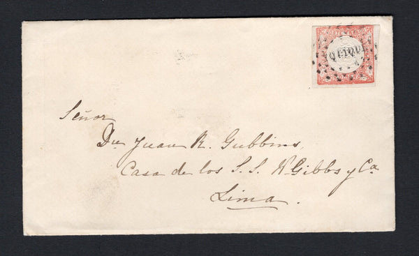 PERU - 1866 - CLASSIC ISSUES: Cover franked with 1862 1d pale vermilion 'Le Coq' issue on thin paper (SG 14) tied by dotted YQUIQUE cancel in black. Addressed to LIMA with arrival cds on reverse.  (PER/43434)