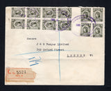 PERU - 1932 - REGISTRATION & LITHO ISSUE: Registered cover franked with 1931 2c olive green 'Litho' issue (SG 500) twelve copies on front and a further six copies on the reverse all tied by oval CORREOS Y TELEGRAFOS MIRAFLORES cancels in purple dated OCT 6 1932 with printed red on buff registration label on front. Addressed to UK with oval CERTIFICADOS LIMA transit marks on reverse.  (PER/43441)