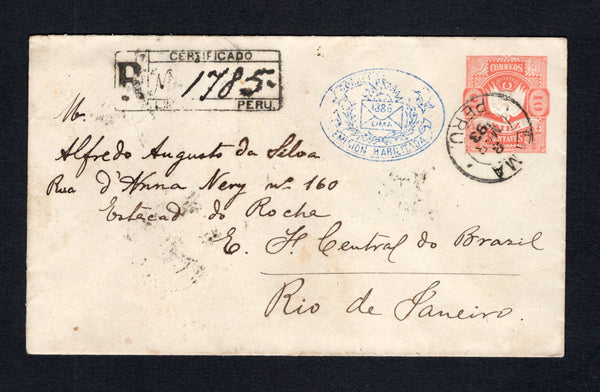 PERU - 1893 - POSTAL STATIONERY, REGISTRATION & DESTINATION: 10c red on white postal stationery envelope with oval '1886' ENVELOPE control mark in blue (H&G B8) used with added 1886 10c blue black (SG 281) on reverse tied by LIMA cds dated 8 MAR 1893 with different LIMA cds on front dated the same day with boxed registration handstamp also on front. Addressed to BRAZIL with arrival cds on reverse.  (PER43648)