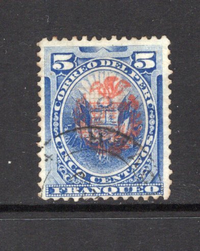 PERU - 1881 - PACIFIC WAR: 5c blue with 'Arms of Chile' SHIELD overprint in red for use during the Chilean occupation, a fine used copy with part LIMA cds. (SG 60)  (PER43701)