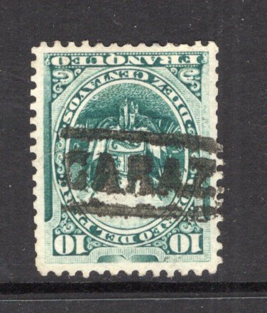 PERU - 1874 - CANCELLATION: 10c green 'Arms' issue fine used with good strike of oval 'CARAZ' cancel in black. (SG 27)  (PER43704)