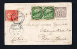 PERU - 1900 - POSTAL STATIONERY: 1c violet brown postal stationery viewcard (H&G 44, with P.O. Building stamp imprint) with view in brown of 'Calle de Mercaderos' on reversed used with adde1896 pair 1c green and 2c red 'Portrait' issue (SG 136 & 138) tied by LIMA cds's dated 22 JAN 1900. Addressed to AUSTRIA with arrival cds on front. Small faults but a rare card. (Moll scarcity rating 5)  (PER43844)