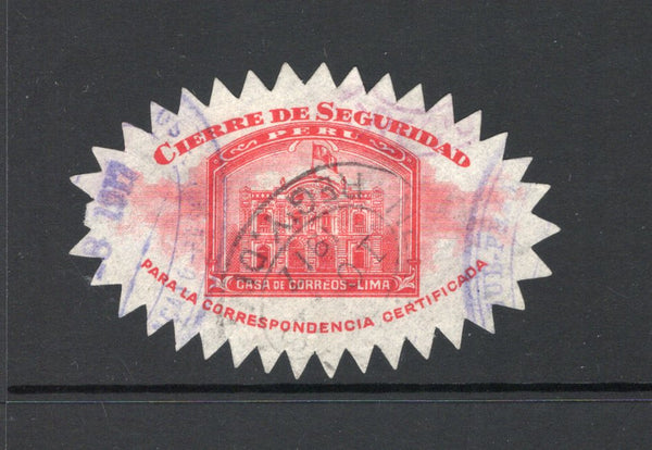 PERU - 1918 - OFFICIAL SEAL: Red 'Cierre de Seguridad' GPO Lima OFFICIAL SEAL inscribed 'Para la Correspondencia certificada'. A fine used copy with all but one sawtooth roulettes complete. A scarce & short-lived seal.  (PER44056)