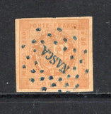PERU - 1858 - FORGERY: ½p orange yellow 'Arms' issue with wavy lines, a fine FORGERY used with complete strike of fake 'NASCA' dotted cancel in blue, four good to large margins. Tiny thin on reverse. Good reference. 2023 Aldo Samame Y Samame certificate accompanies stating the features of the forgery v the original. (As SG 5)  (PER44701)