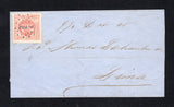 PERU - 1861 - CLASSIC ISSUES: Cover franked with fine four margin 1858 1p vermilion large lettering issue (SG 7) cancelled by fine strike of dotted 'CALLAO' cancel in blue. Addressed to LIMA. Very fine.  (PER44987)