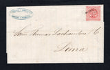 PERU - 1860 - CLASSIC ISSUES: Complete folded letter franked with fine four margin 1860 1p brick red 'Arms' issue with zigzag lines (SG 9) tied by dotted YQUIQ (Iquique) cancel in black. Addressed to LIMA. A fine cover.  (PER44989)
