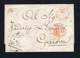 PERU - 1853 - BRITISH POST OFFICES: Complete folded letter datelined 'Lima Li 12 Nbre 1853' with superb strike of the 'Crowned' PAID AT CALLAO cancel of the British P.O. in red on front (SG CC2) and CALLAO British P.O. cds dated SP 12 1853 in black on reverse. Addressed to ITALY rated 2/10 in manuscript on front with USA 'PAID' cds and oval 'PD' in red and CALAIS transit cds also in red all on front and GENOVA arrival cds on reverse. A superb cover of exceptional quality.  (PER45565)