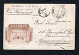 PERU - 1899 - POSTAL STATIONERY: 4c brown postal stationery viewcard (H&G 40, small date) with view of 'Patio de la Casa de Correos - Lima' datelined 'Lima 14 Nov. 1898' on reverse with 'Via Panama' in manuscript at top on front used with LIMA cds dated 15 NOV 1898. Addressed to UK with arrival cds on front. This card was sent by 'Wilhelm ?' and is addressed to a private individual in the UK. This newly discovered card is dated on the first day of issue (14 Nov) and postmarked on the following day making i