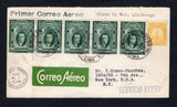 PERU - 1929 - FIRST FLIGHT: Cover with typed 'Flown by Co. Lindbergh' and 'Primer Correo Aereo' handstamp in black at top franked with 1924 20c yellow and strip of five 1928 50c deep green AIR issue (SG 437 & 464) tied by LIMA cds's dated 17 MAY 1929 with straight line 'SERVICIO AEREO' marking in purple alongside and green airmail label. Flown on the Lima - Cristobal, Canal Zone leg of the Lima - New York flight on the 18th May. Addressed to USA with CRISTOBAL CANAL ZONE arrival cds dated MAY 20 on front &