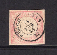 PERU - 1862 - CLASSIC ISSUES & CANCELLATION: 1d pink 'LeCoq' issue on thick paper (Late impression), a fine used copy with good strike of CHACHAPOYAS cds dated 14 ABR 1864. Four good to large margins. (SG 15b)  (PER/6001)