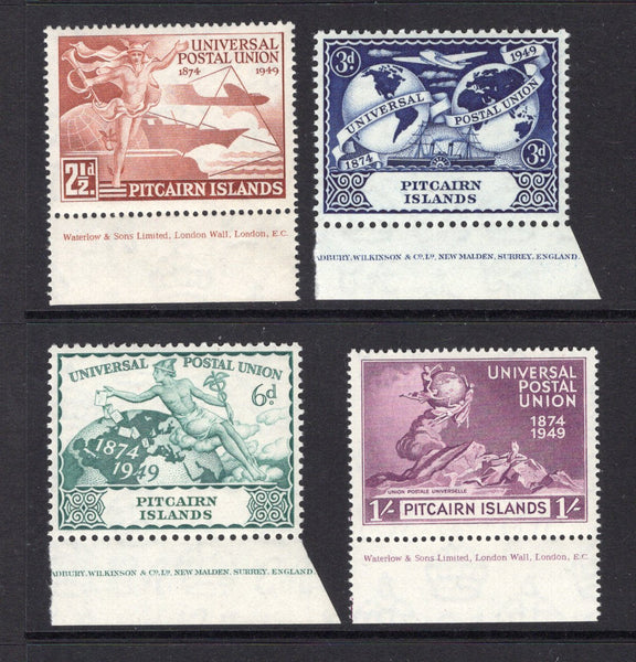 PITCAIRN ISLAND - 1949 - GVI ISSUE: '75th Anniversary of UPU' issue the set of four fine mint bottom marginal copies all with 'Waterlow' or 'Bradbury Wilkinson' IMPRINTS in margin. (SG 13/16)  (PIT/15312)