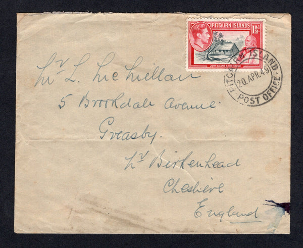 PITCAIRN ISLAND - 1949 - GVI ISSUE: Commercial cover franked with single 1940 1½d grey & carmine GVI issue (SG 3) tied by fine PITCAIRN ISLAND POST OFFICE cds dated 20 APR 1949. Addressed to UK.  (PIT/22010)