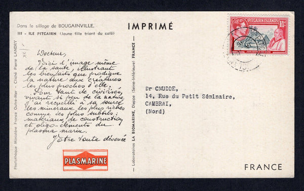 PITCAIRN ISLAND - 1955 - GVI ISSUE: Large PPC 'Ile Pitcairn (Jeune fille triant du café' franked on message side with single 1940 1½d grey & carmine GVI issue (SG 3) tied by PITCAIRN ISLAND cds dated JAN 1955. Addressed to FRANCE.  (PIT/22012)