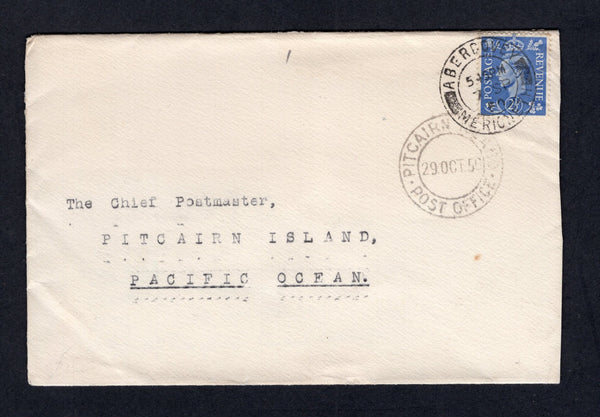 PITCAIRN ISLAND - 1950 - INCOMING MAIL: Cover from Great Britain franked with 1941 2½d light ultramarine GVI issue (SG 489) tied by ABERDOVEY MERIONETH cds dated 7 SEP 1950. Addressed to 'The Chief Postmaster, Pitcairn Island, Pacific Ocean' with fine PITCAIRN ISLAND arrival cds on front.  (PIT/41886)