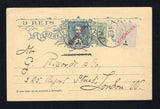 PORTUGUESE COLONIES - PORTUGUESE INDIA - 1912 - POSTAL STATIONERY & PROVISIONAL ISSUE: 3rs dull blue on buff postal stationery card (H&G 22a, the reply half with 'RESPOSTA' crossed through in manuscript) used with added 1911 1r pale grey with 'REPUBLICA' overprint and 6r on half of 4½r pale green (SG 338 & 358) tied by MARGAO cds's dated 8 NOV 1912. Addressed to Uk. Full commercial message on reverse. Very scarce.  (POR44352)