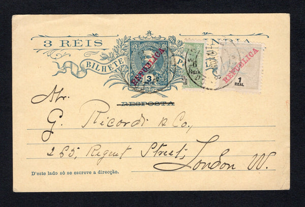 PORTUGUESE COLONIES - PORTUGUESE INDIA - 1912 - POSTAL STATIONERY & PROVISIONAL ISSUE: 3rs dull blue on buff postal stationery card (H&G 22a, the reply half with 'RESPOSTA' crossed through in manuscript) used with added 1911 1r pale grey with 'REPUBLICA' overprint and 6r on half of 4½r pale green (SG 338 & 358) tied by MARGAO cds's dated 8 NOV 1912. Addressed to Uk. Full commercial message on reverse. Very scarce.  (POR44352)