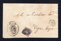 PUERTO RICO - 1867 - CUBA USED IN PUERTO RICO: Official front only with large 'Official' arms cachet in black franked with CUBA 1864 ½r green on rose 'Isabella' issue (SG 16) with four large margins tied by oval 'Parilla' cancel with fine PUERTO RICO cds dated 29 FEB 1867 alongside.  Addressed to VEGA BAYA.  (PUE/34411)