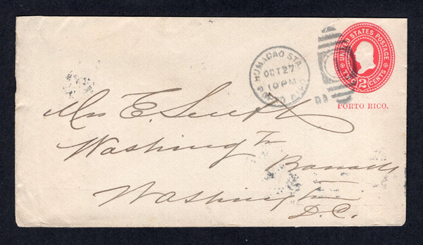 PUERTO RICO - 1899 - SPANISH AMERICAN WAR: 2c red on white postal stationery envelope of the USA with 'PORTO RICO' overprint in red (H&G B3a) used with HUMACAO STA PORTO RICO '1' Military Occupation duplex cds dated OCT 27 1899. Addressed to USA with SAN JUAN transit cds and USA arrival cds on reverse. A rare cover.  (PUE/37411)