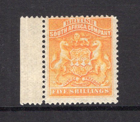 RHODESIA - 1892 - DEFINITIVE ISSUE: 5/- orange yellow 'Arms' issue, a fine mint side marginal copy. (SG 8)  (RHO/15478)