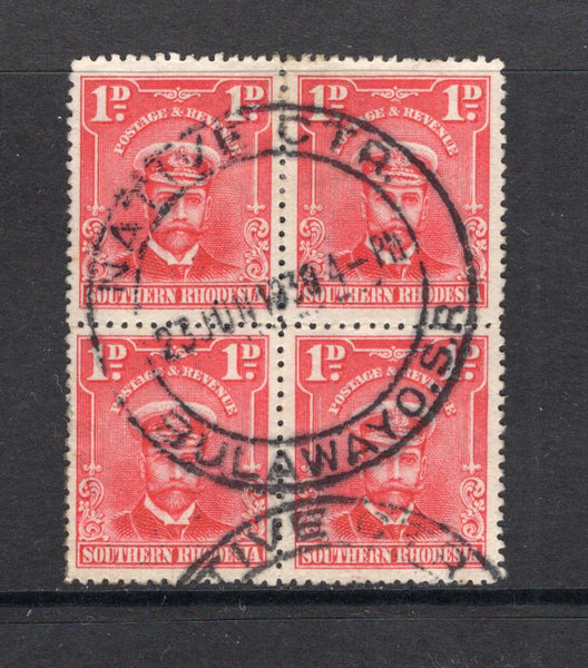 RHODESIA - SOUTHERN RHODESIA - 1924 - CANCELLATION & MULTIPLE: 1d bright rose 'Admiral' issue, a fine used block of four with superb central strike of NATIVE QTR BULAWAYO S.R. cds dated 23 JUN 1930. (SG 2)  (RHO/15559)