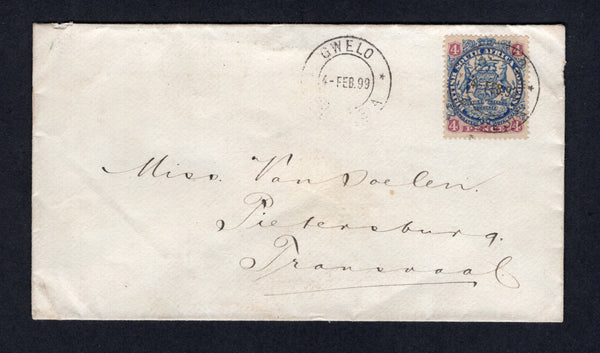 RHODESIA - 1899 - ARMS ISSUE: Cover franked with single 1896 4d blue & mauve 'Arms' issue (SG 44a) tied by GWELO cds with second strike alongside. Addressed to TRANSVAAL with arrival cds on reverse.  (RHO/22153)