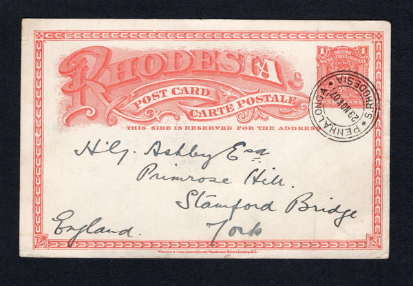 RHODESIA - 1907 - POSTAL STATIONERY & CANCELLATION: 1d brick red on white 'Arms' postal stationery card (H&G 11) used with fine strike of PENHALONGA cds dated 29 NOV 1907. Addressed to UK. Very fine & attractive.  (RHO/42969)