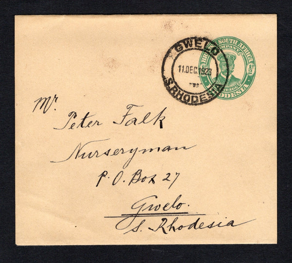 RHODESIA - 1923 - POSTAL STATIONERY: ½d green on buff GV 'Admiral' postal stationery wrapper (H&G Unlisted) used with GWELO cds dated 11 DEC 1923. Addressed locally.  (RHO/42972)