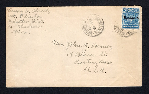 RHODESIA - 1920 - CANCELLATION: Cover franked with single 1909 2½d pale dull blue with 'RHODESIA' overprint in black (SG 103) tied by MOUNT SELINDA cds dated AP 13 1920 with second strike alongside. Addressed to USA with MELSETTER transit cds on reverse.  (RHO/42975)