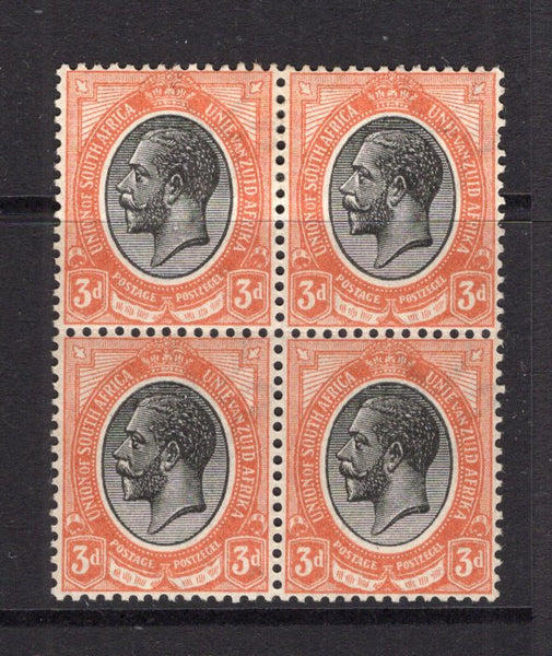 SOUTH AFRICA - 1913 - MULTIPLE: 3d black & dull orange red 'GV Head' issue, a fine mint block of four. (SG 8a)  (SAF/15880)