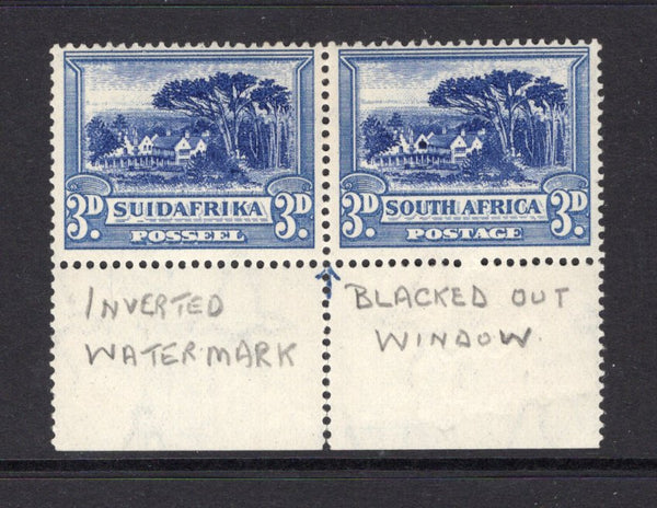 SOUTH AFRICA - 1930 - VARIETY: 3d blue 'Rotogravure' printing, a fine mint bottom marginal pair with WATERMARK INVERTED and variety 'WINDOW FLAW'. (SG 45cw & 45d)  (SAF/15895)