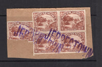 SOUTH AFRICA - 1930 - CANCELLATION: 4d brown 'Rotogravure' printing, a block of four and single (the latter damaged) tied on piece by two strikes of large straight line JEPPESTOWN cancel in purple. (SG 46c)  (SAF/15896)