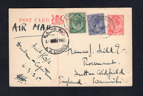 SOUTH AFRICA - 1925 - FIRST FLIGHT: 1d red on cream GV postal stationery card (H&G 7a) used with added 1913 ½d green & 3d ultramarine GV Head issue (SG 3 & 9) tied by WESTMINSTER cds's dated 4 MAR 1925. Flown on the DURBAN - CAPETOWN flight with manuscript 'AIR MAIL, First Flight Durban - Capetown 6.3.25' at left with fine strike of the S.A. AIR MAIL S.A. LUGPOST cds dated 5 MAR 1925. Addressed to UK. (Muller #14a)  (SAF/22442)