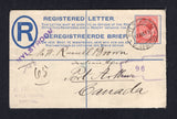 SOUTH AFRICA - 1915 - POSTAL STATIONERY: 4d blue GV postal stationery registered envelope (H&G C1) used with added 1913 1d rose red GV Head issue (SG 4) tied by NYLSTROOM cds with straight line 'NYLSTROOM' registration marking with manuscript number alongside. Addressed to CANADA with transit & arrival marks on reverse.  (SAF/22447)